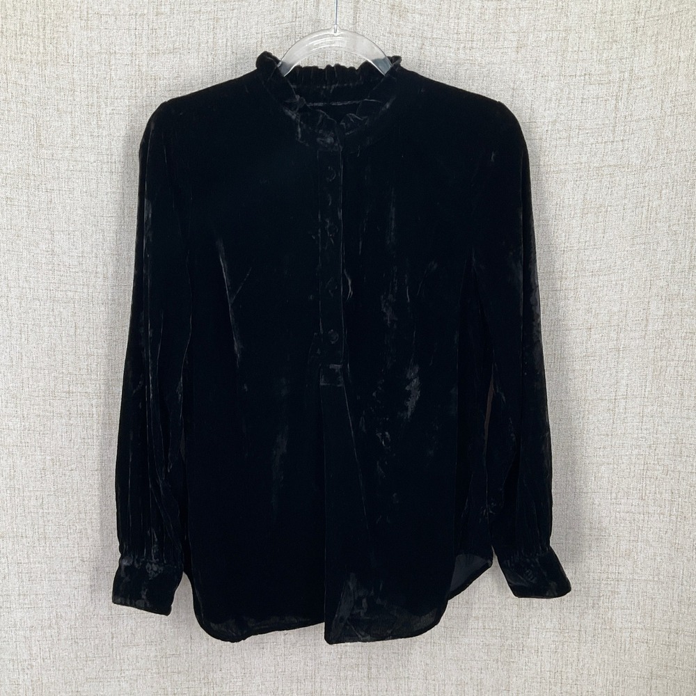 Talbots Blouse Sz S Black Velvet Ruffle Mock Neck Button Top Whimsigoth Grunge